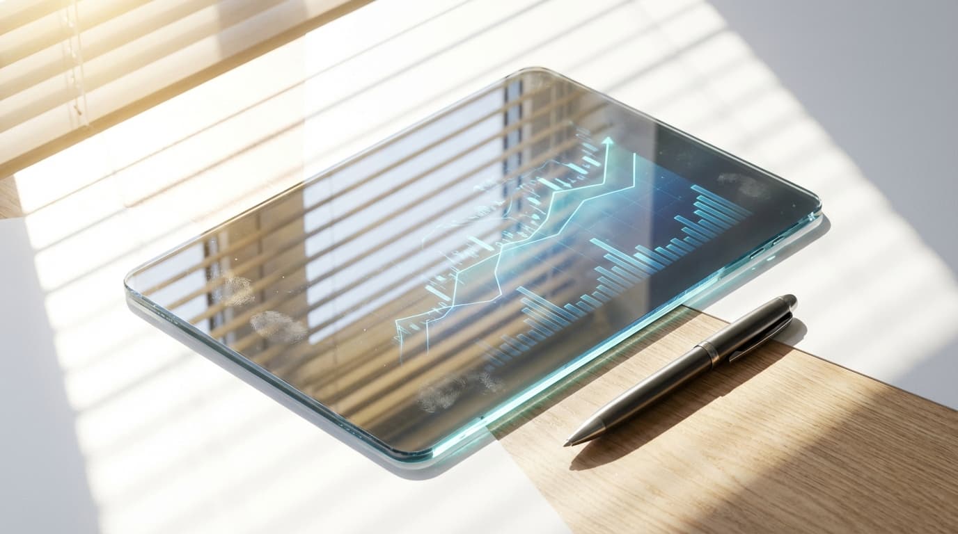 Tablet mostrando diagrama de flujos de sistemas financieros integrados