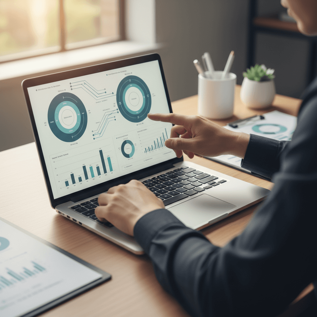 Analista financiero trabajando con datos en computadoras mostrando gráficos y flujos de información