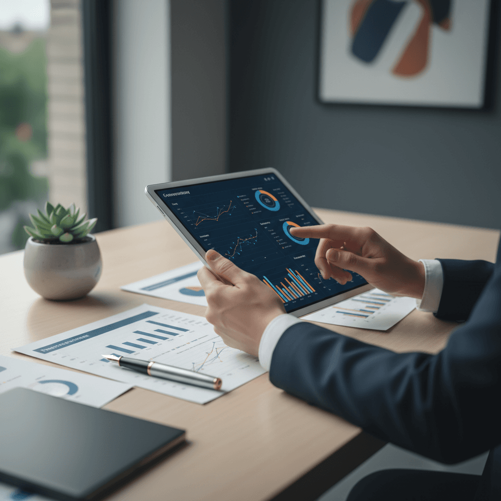 Consultor revisando datos financieros en una tablet en un escritorio moderno