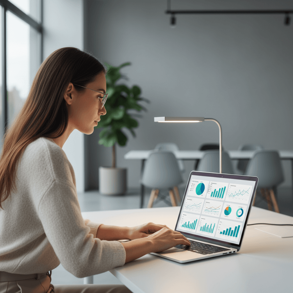 Consultora analizando flujos financieros en pantallas