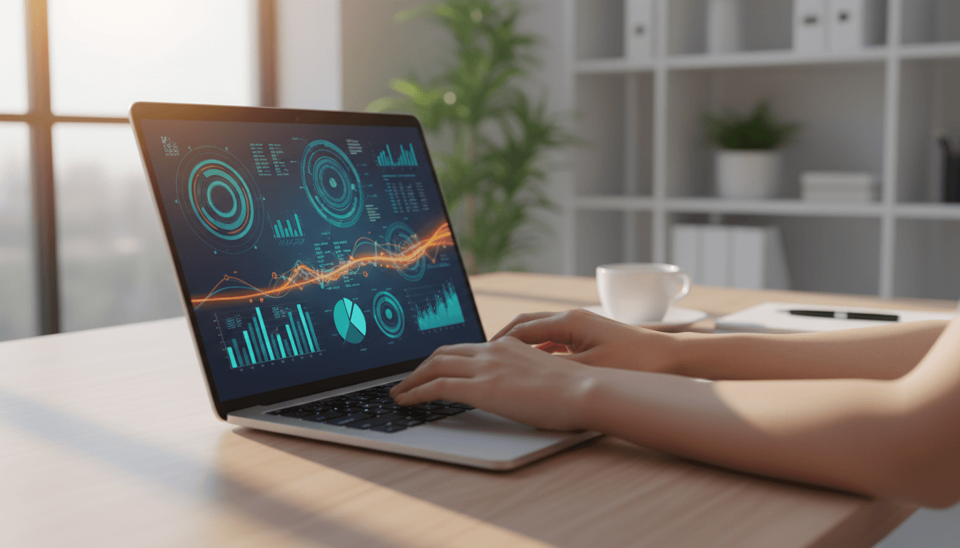 Profesional revisando flujos de datos financieros en laptop