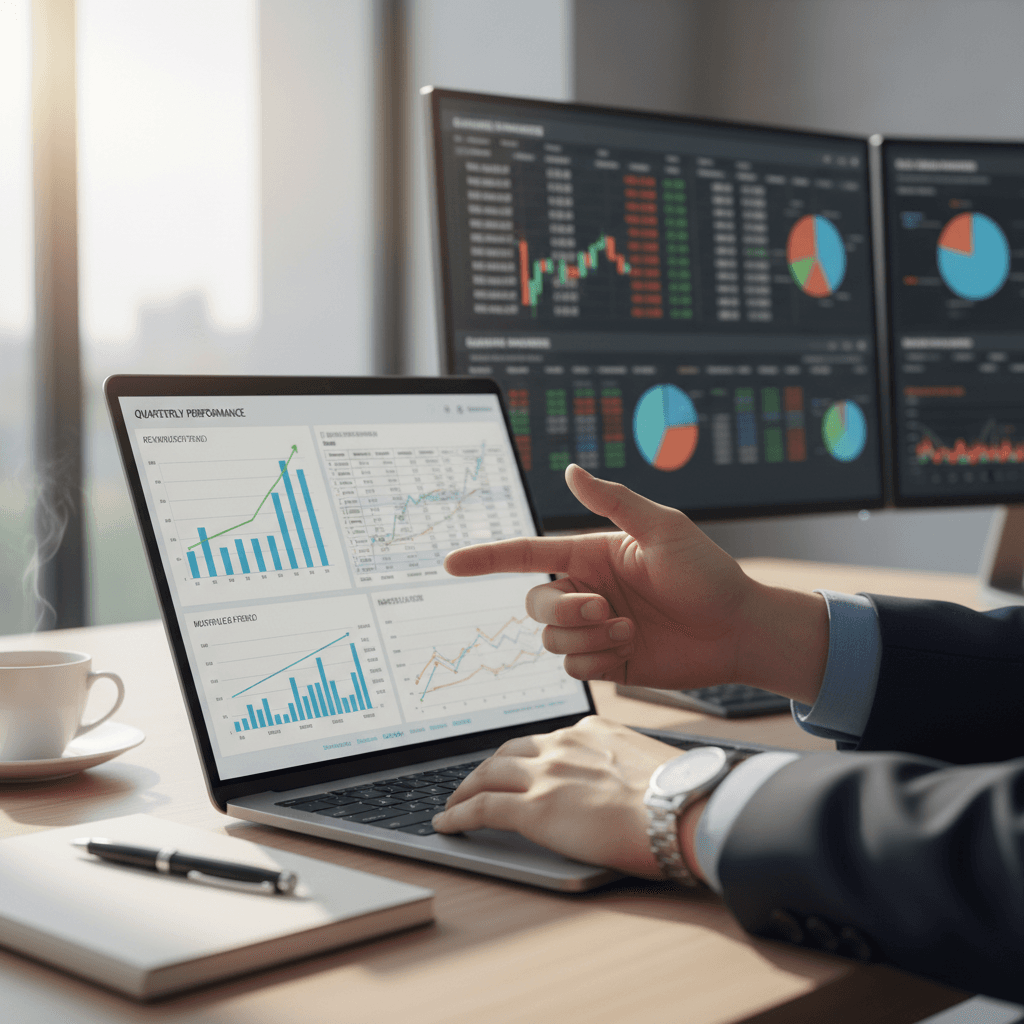 Consultor analizando datos financieros en pantallas modernas en una oficina profesional