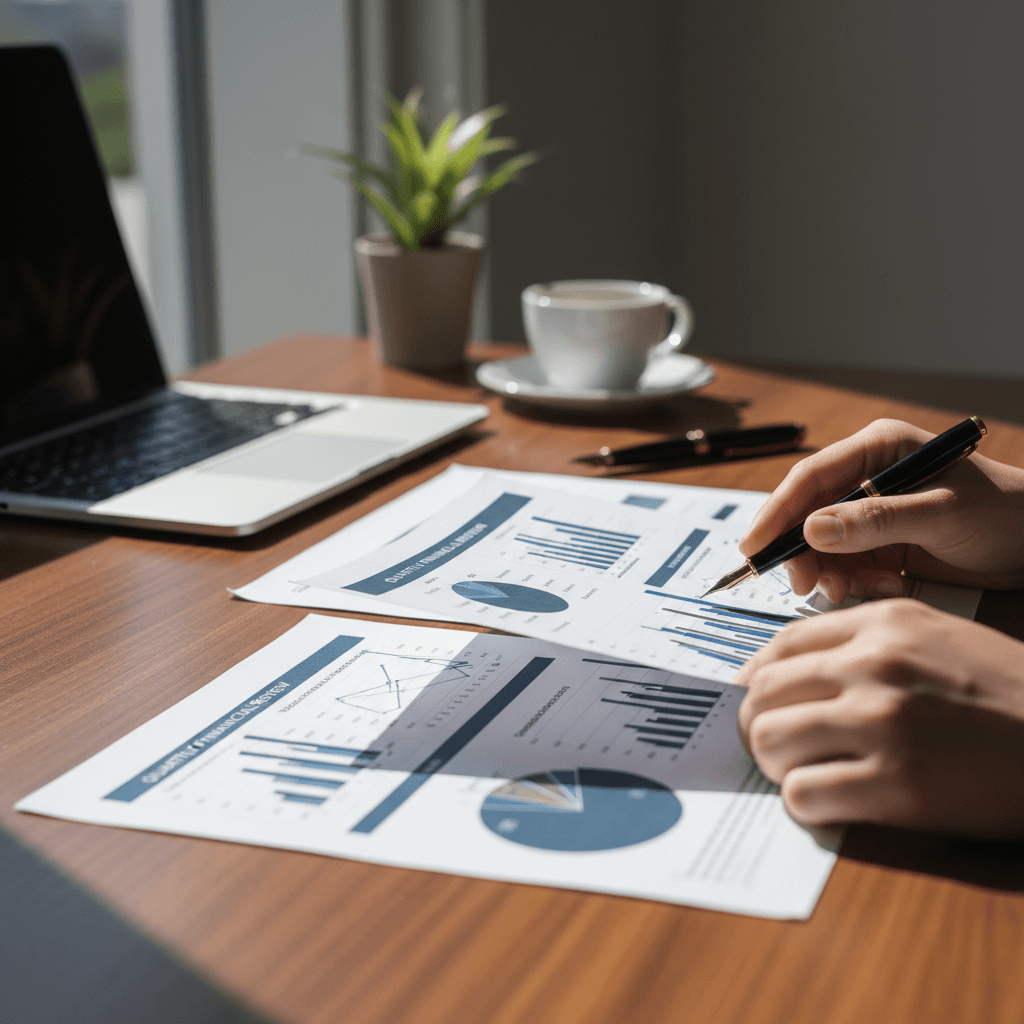 Consultant's hands reviewing financial charts and documents on wooden desk with laptop and coffee cup nearby