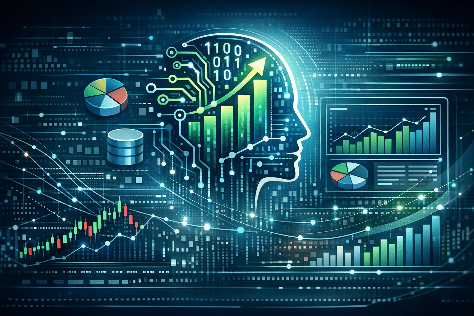 Perfil digital de inteligencia artificial con gráficos ascendentes, códigos binarios y visualizaciones de datos financieros.