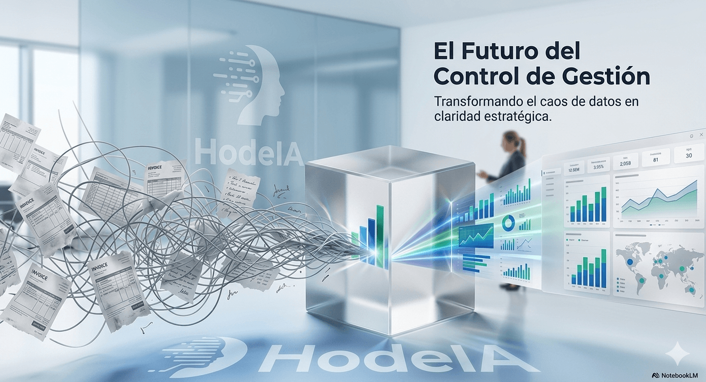 Cubo tecnológico transformando documentos desordenados en gráficos digitales de análisis y gestión estratégica.